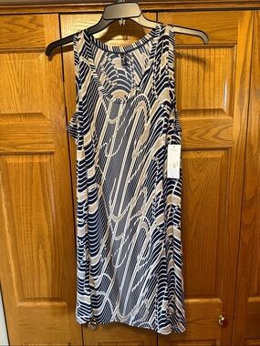 Navy and Cream A-Line Patterned Sleeveless Dress XL